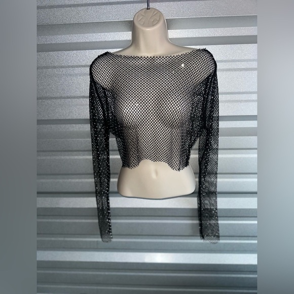 Mesh Black Sequin Long Sleeve Festival Top One Size - Picture 2 of 11